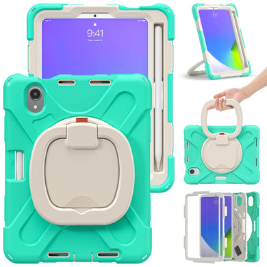 For iPad mini 6 Silicone + PC Protective Tablet Case with Holder & Shoulder Strap(Mint Green)