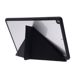For iPad 10.2 2021 / 2020 / 2019 Deformation Transparent Acrylic Horizontal Flip PU Leather Case with Multi-folding Holder & Sleep / Wake-up Function & Pen Slot(Black)