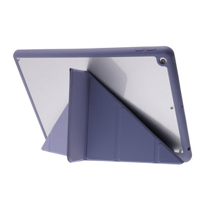 For iPad 10.2 2021 / 2020 / 2019 Deformation Transparent Acrylic Horizontal Flip PU Leather Case with Multi-folding Holder & Sleep / Wake-up Function & Pen Slot(Lavender Grey)