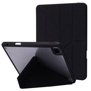 For iPad Pro 11 2022 / 2021 / 2020 / 2018 Deformation Transparent Acrylic Horizontal Flip PU Leather Tablet Case with Multi-folding Holder & Sleep / Wake-up Function & Pen Slot(Black)