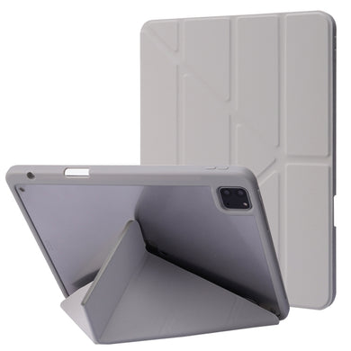 For iPad Pro 11 2022 / 2021 / 2020 / 2018 Deformation Transparent Acrylic Horizontal Flip PU Leather Tablet Case with Multi-folding Holder & Sleep / Wake-up Function & Pen Slot(Grey)