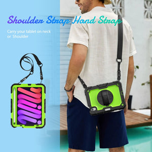 For iPad mini 6 Shockproof Silicone + PC Protective Tablet Case with Holder & Shoulder Strap & Pen Slot(Yellow Green + Black)