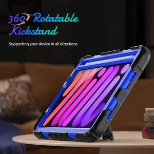 For iPad mini 6 Shockproof Silicone + PC Protective Tablet Case with Holder & Shoulder Strap & Pen Slot(Blue + Black)