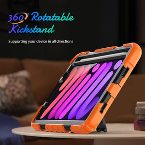 For iPad mini 6 Shockproof Silicone + PC Protective Tablet Case with Holder & Shoulder Strap & Pen Slot(Black + Orange)