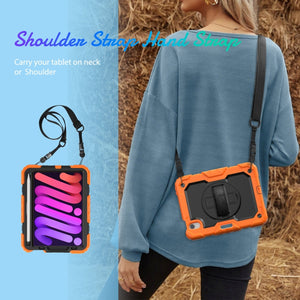 For iPad mini 6 Shockproof Silicone + PC Protective Tablet Case with Holder & Shoulder Strap & Pen Slot(Black + Orange)