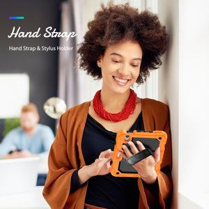 For iPad mini 6 Shockproof Silicone + PC Protective Tablet Case with Holder & Shoulder Strap & Pen Slot(Black + Orange)