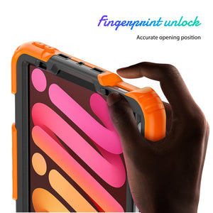 For iPad mini 6 Shockproof Silicone + PC Protective Tablet Case with Holder & Shoulder Strap & Pen Slot(Black + Orange)