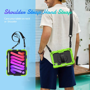 For iPad mini 6 Shockproof Silicone + PC Protective Tablet Case with Holder & Shoulder Strap & Pen Slot(Black + Yellow Green)