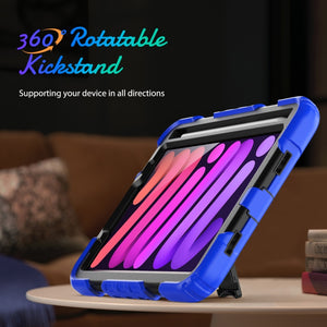 For iPad mini 6 Shockproof Silicone + PC Protective Tablet Case with Holder & Shoulder Strap & Pen Slot(Black + Blue)