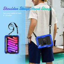 For iPad mini 6 Shockproof Silicone + PC Protective Tablet Case with Holder & Shoulder Strap & Pen Slot(Black + Blue)