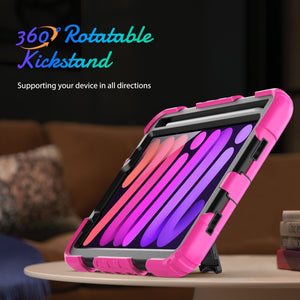 For iPad mini 6 Shockproof Silicone + PC Protective Tablet Case with Holder & Shoulder Strap & Pen Slot(Black + Rose Red)