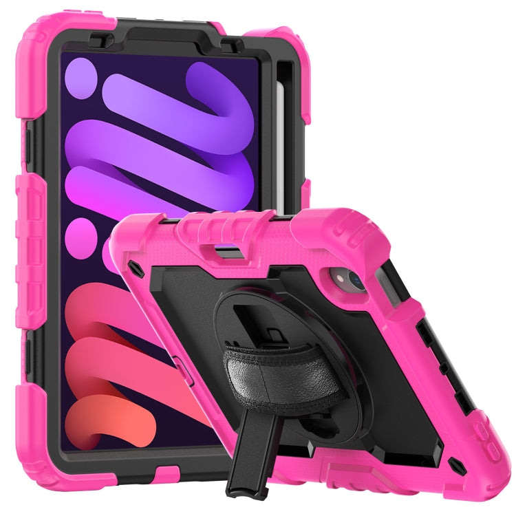 For iPad mini 6 Shockproof Silicone + PC Protective Tablet Case with Holder & Shoulder Strap & Pen Slot(Black + Rose Red)