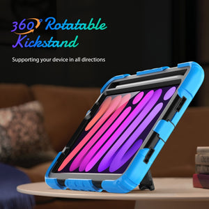 For iPad mini 6 Shockproof Silicone + PC Protective Tablet Case with Holder & Shoulder Strap & Pen Slot(Black + Light Blue)