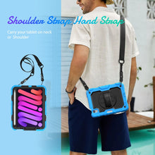 For iPad mini 6 Shockproof Silicone + PC Protective Tablet Case with Holder & Shoulder Strap & Pen Slot(Black + Light Blue)