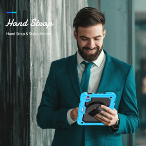 For iPad mini 6 Shockproof Silicone + PC Protective Tablet Case with Holder & Shoulder Strap & Pen Slot(Black + Light Blue)