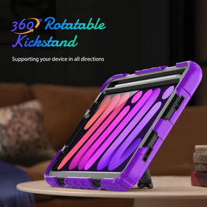 For iPad mini 6 Shockproof Silicone + PC Protective Tablet Case with Holder & Shoulder Strap & Pen Slot(Black + Purple)