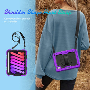 For iPad mini 6 Shockproof Silicone + PC Protective Tablet Case with Holder & Shoulder Strap & Pen Slot(Black + Purple)
