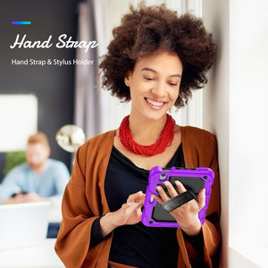 For iPad mini 6 Shockproof Silicone + PC Protective Tablet Case with Holder & Shoulder Strap & Pen Slot(Black + Purple)