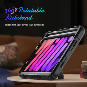 For iPad mini 6 Shockproof Silicone + PC Protective Tablet Case with Holder & Shoulder Strap & Pen Slot(Black)