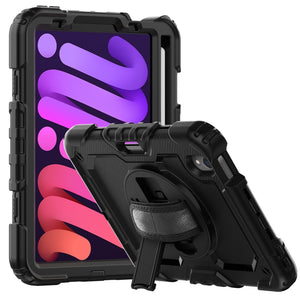 For iPad mini 6 Shockproof Silicone + PC Protective Tablet Case with Holder & Shoulder Strap & Pen Slot(Black)
