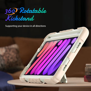 For iPad mini 6 Shockproof Silicone + PC Protective Tablet Case with Holder & Shoulder Strap & Pen Slot(Beige + Rose Gold)
