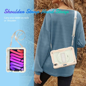 For iPad mini 6 Shockproof Silicone + PC Protective Tablet Case with Holder & Shoulder Strap & Pen Slot(Beige + Rose Gold)