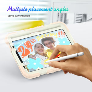 For iPad mini 6 Shockproof Silicone + PC Protective Tablet Case with Holder & Shoulder Strap & Pen Slot(Beige + Rose Gold)