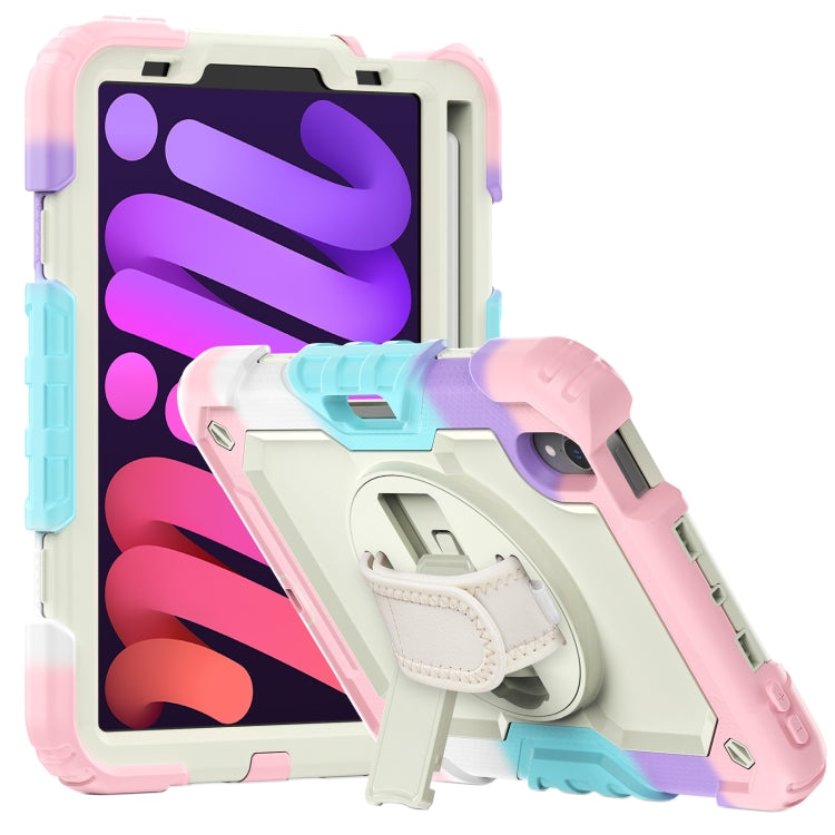 For iPad mini 6 Shockproof Silicone + PC Protective Tablet Case with Holder & Shoulder Strap & Pen Slot(Beige + Camouflage Pink)