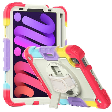 For iPad mini 6 Shockproof Silicone + PC Protective Tablet Case with Holder & Shoulder Strap & Pen Slot(Beige + Camouflage Red)
