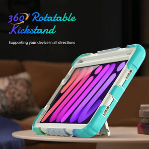 For iPad mini 6 Shockproof Silicone + PC Protective Tablet Case with Holder & Shoulder Strap & Pen Slot(Beige + Camouflage Blue)