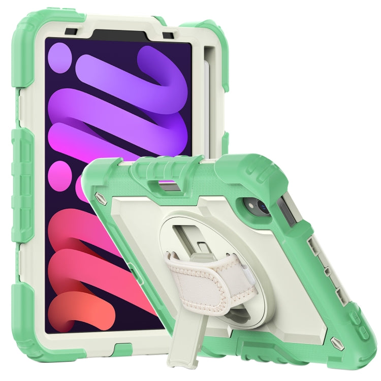For iPad mini 6 Shockproof Silicone + PC Protective Tablet Case with Holder & Shoulder Strap & Pen Slot(Beige + Light Green)
