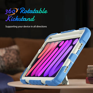 For iPad mini 6 Shockproof Silicone + PC Protective Tablet Case with Holder & Shoulder Strap & Pen Slot(Beige + Cyan)