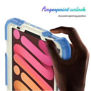 For iPad mini 6 Shockproof Silicone + PC Protective Tablet Case with Holder & Shoulder Strap & Pen Slot(Beige + Cyan)