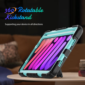 For iPad mini 6 Shockproof Silicone + PC Protective Tablet Case with Holder & Shoulder Strap & Pen Slot(Light Blue + Black)