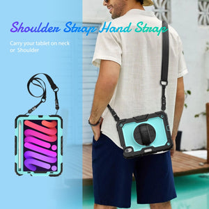 For iPad mini 6 Shockproof Silicone + PC Protective Tablet Case with Holder & Shoulder Strap & Pen Slot(Light Blue + Black)