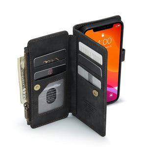 For iPhone 12 / 12 Pro CaseMe-C30 PU + TPU Multifunctional Horizontal Flip Leather Case with Holder & Card Slot & Wallet & Zipper Pocket(Black)