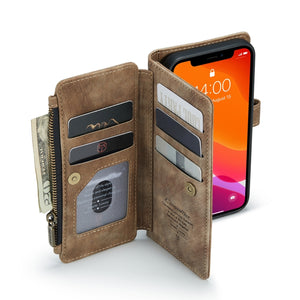 For iPhone 12 / 12 Pro CaseMe-C30 PU + TPU Multifunctional Horizontal Flip Leather Case with Holder & Card Slot & Wallet & Zipper Pocket(Brown)