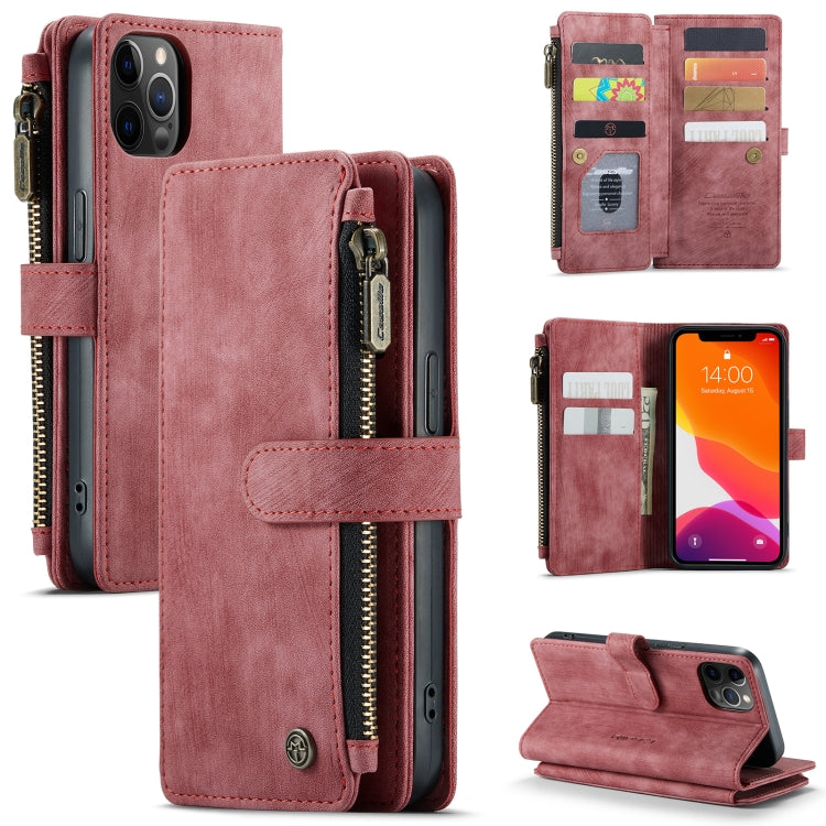 For iPhone 12 / 12 Pro CaseMe-C30 PU + TPU Multifunctional Horizontal Flip Leather Case with Holder & Card Slot & Wallet & Zipper Pocket(Red)