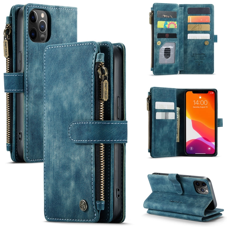 For iPhone 12 / 12 Pro CaseMe-C30 PU + TPU Multifunctional Horizontal Flip Leather Case with Holder & Card Slot & Wallet & Zipper Pocket(Blue)