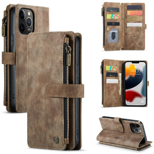 For iPhone 12 Pro Max CaseMe-C30 PU + TPU Multifunctional Horizontal Flip Leather Case with Holder & Card Slot & Wallet & Zipper Pocket(Brown)