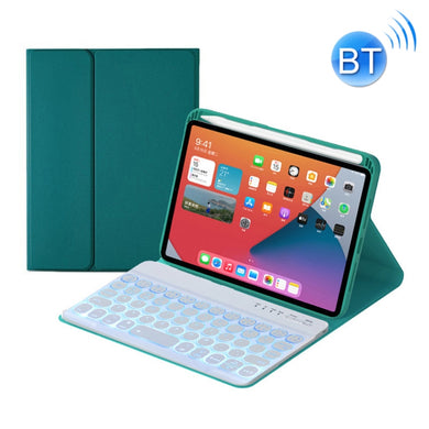 HY006D Round Keys Detachable Bluetooth Keyboard Leather Tablet Case with Colorful Backlight & Holder for iPad mini 6(Dark Green)