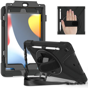 For iPad 10.2 2021 / 2020 / 2019 Silicone + PC Protective Case with Holder & Shoulder Strap(Black)