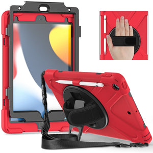 For iPad 10.2 2021 / 2020 / 2019 Silicone + PC Protective Case with Holder & Shoulder Strap(Red)