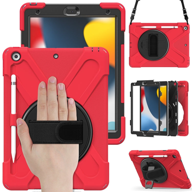 For iPad 10.2 2021 / 2020 / 2019 Silicone + PC Protective Case with Holder & Shoulder Strap(Red)