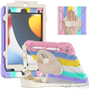 For iPad 10.2 2021 / 2020 / 2019 Silicone + PC Protective Case with Holder & Shoulder Strap(Colorful Pink)