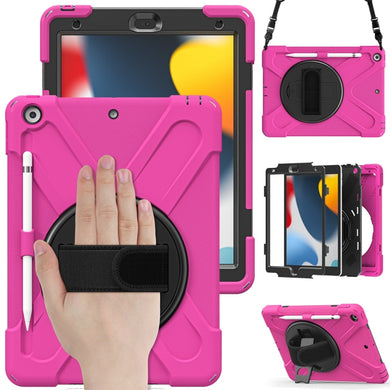 For iPad 10.2 2021 / 2020 / 2019 Silicone + PC Protective Case with Holder & Shoulder Strap(Rose Red)