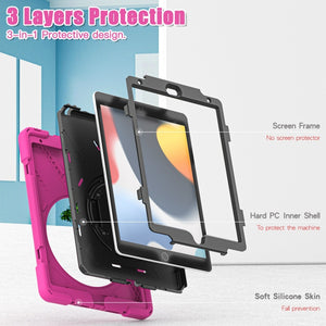For iPad 10.2 2021 / 2020 / 2019 Silicone + PC Protective Case with Holder & Shoulder Strap(Rose Red)