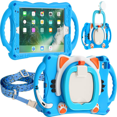 Cute Cat King Kids Shockproof Silicone Tablet Case with Holder & Shoulder Strap & Handle For iPad mini 2019 / 4 / 3 / 2 / 1(Light Blue)