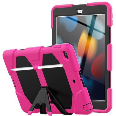 For iPad 10.2 2021 / 2020 / 2019 Shockproof Colorful Silicone + PC Protective Case with Holder & Pen Slot(Rose Red)