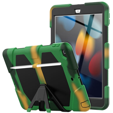 For iPad 10.2 2021 / 2020 / 2019 Shockproof Colorful Silicone + PC Protective Case with Holder & Pen Slot(Camouflage Army Green)